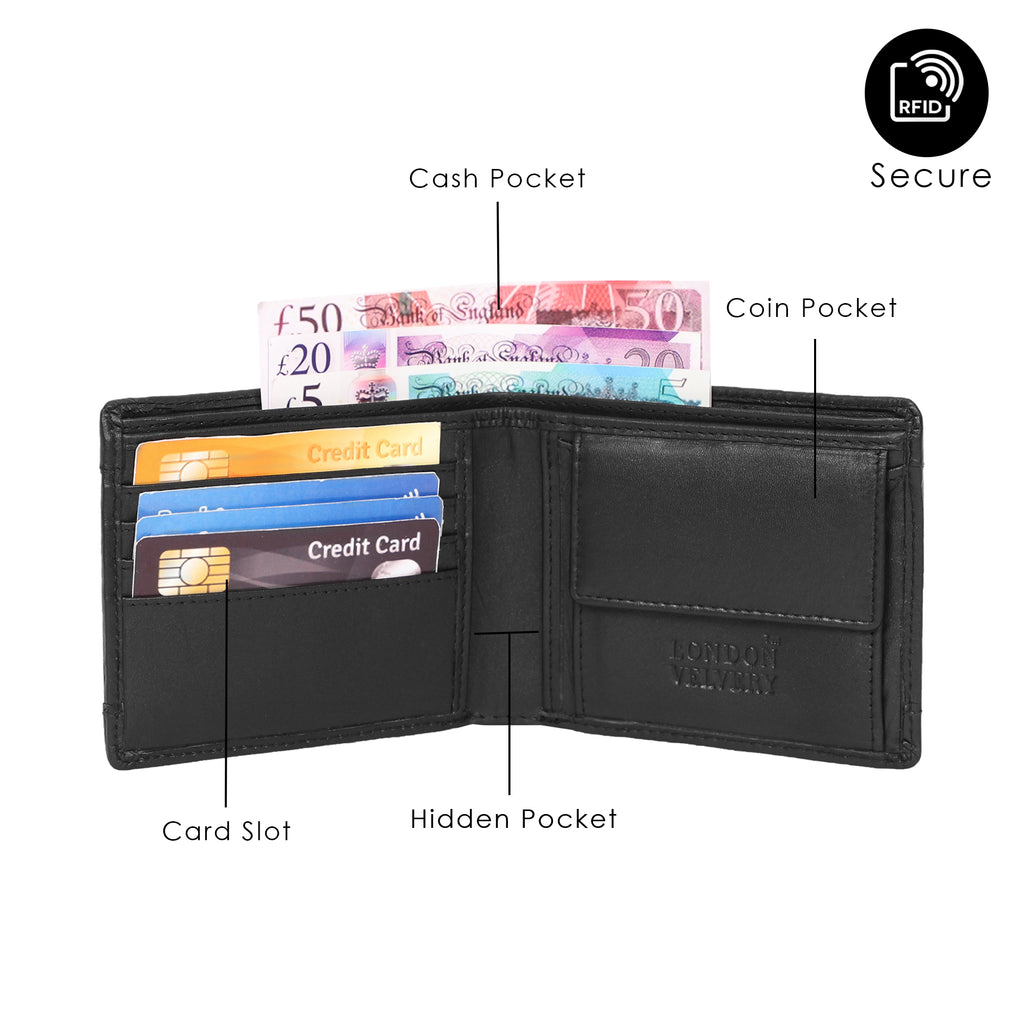 Men's Leather Wallet with coin pocket - BLACK